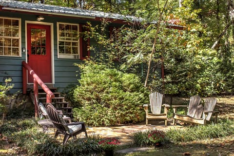 Rock patio entrance is a beautiful spot for coffee or wine
