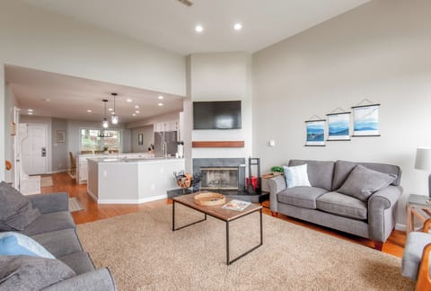 Smart TV, fireplace, books