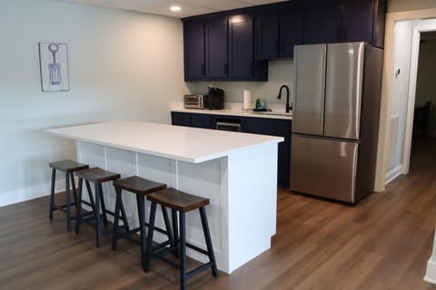 Basement kitchenette with full fridge and sink.