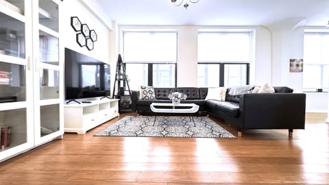Living room, 65" Smart TV, Genuine leather sectional sofa, Book and toys shelf. 