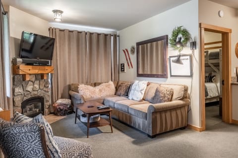 Living Room - TV, Gas Fireplace, Queen sleeper sofa, slope- side view