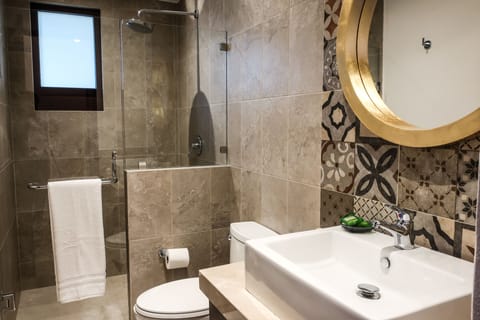 Hair dryer, heated floors, towels, soap