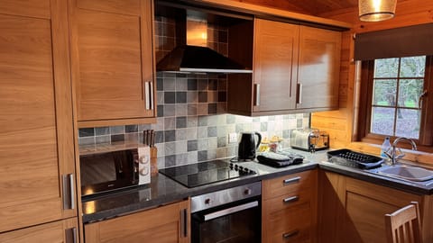 Kitchen with fridge with freezer compartment, oven, hob, microwave, kettle and toaster