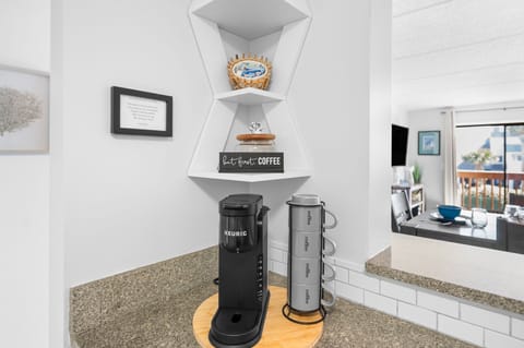 Start your day right with a Keurig coffee setup, complete with mugs and pods.