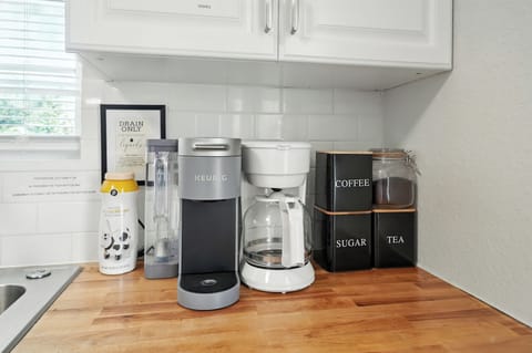 Drip coffee and keurig coffee maker, tea, sugar and creamer all available