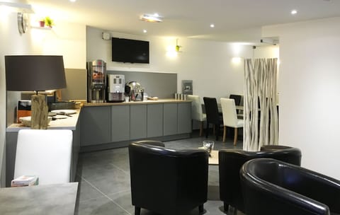 Curb your appetite by eating at the on-site restaurant.