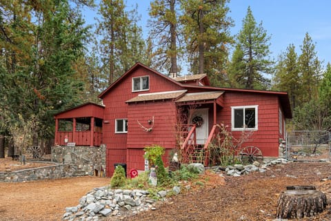 Charming red cabin nestled among the pines—your peaceful mountain escape awaits.