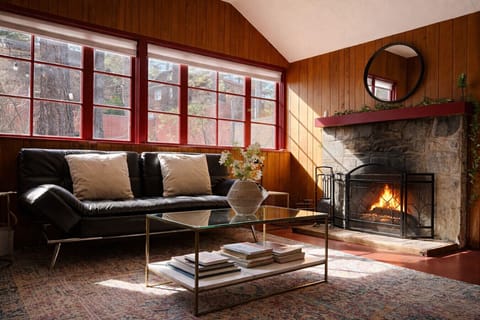 Sunlit living room with cozy fireplace and a comfy Euro Lounger (folds out to a full bed), your perfect spot to unwind.