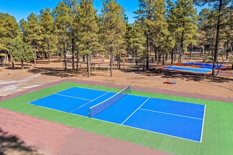[Backyard Amenities] Pickleball court with sport court covering, basketball court, and playground