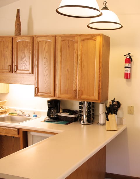 Cabin #1 @ Stone Creek - Kitchenette with fridge, sink, and other utensils.