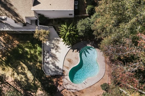 Aerial view of pool and deck area.