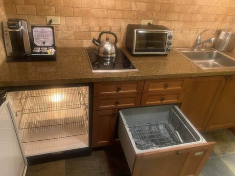 Half-fridge, dishwasher, toaster/oven, induction stove, coffee, plates, glasses and utinsils