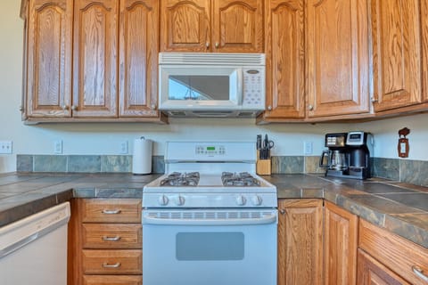 Kitchen has a stove, dishwasher and fridge