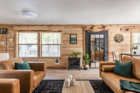 Unique Knotty Pine wood paneling featured throughout the cabin. 