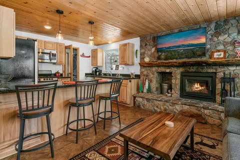 Livinfg Room with Rock Fireplace - Cute and Cozy perfect romantic getaway