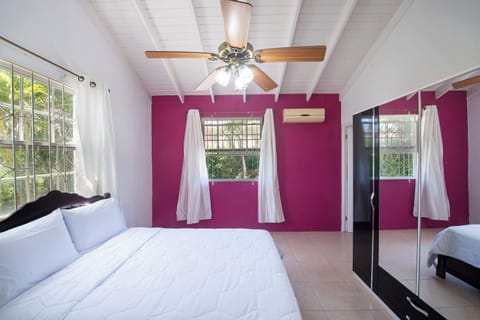 Spacious bedroom with mirrored wardrobe, AC and ceiling fan.