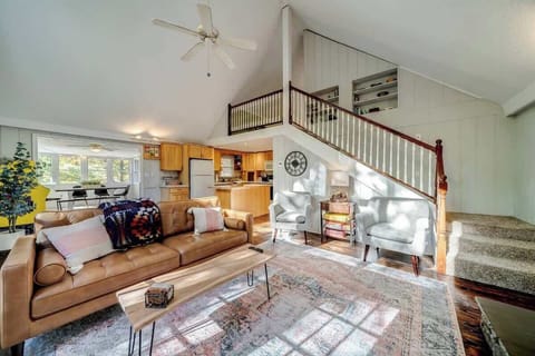 Spacious living room with a  wood fireplace!