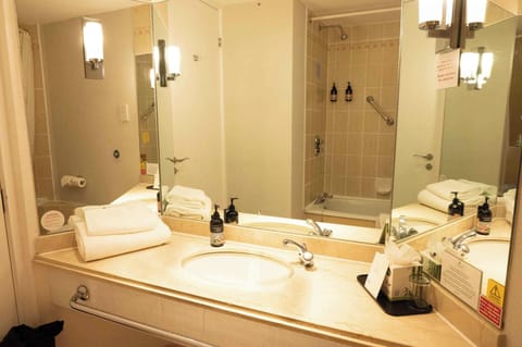 Combined shower/tub, free toiletries, hair dryer, towels