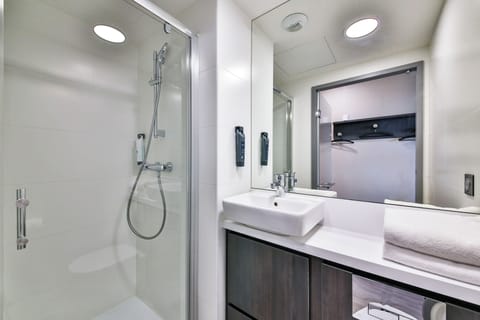 Shower, eco-friendly toiletries, hair dryer, towels