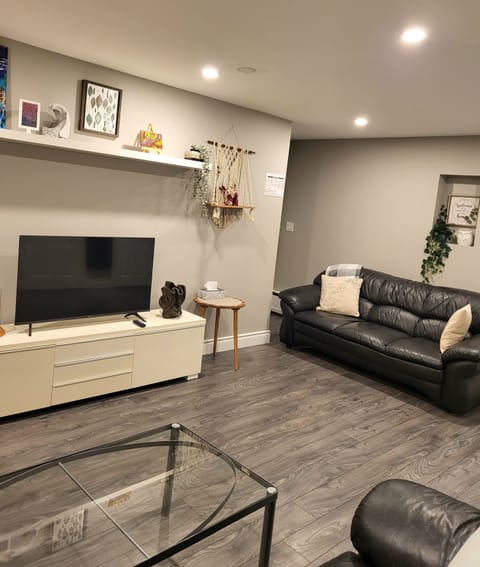 living room with art pieces from local artists, smart 43"TV, love seat and sofa