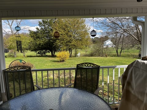 View of deck and backyard from the kitchen window.