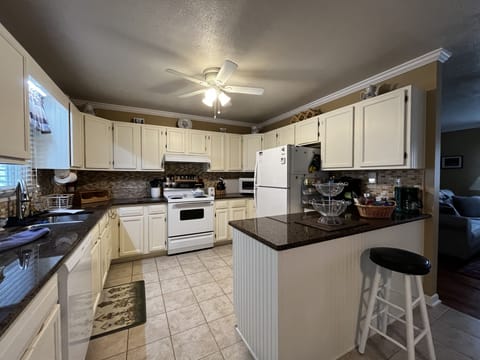 Large, bright, well stocked kitchen with plenty of work space.