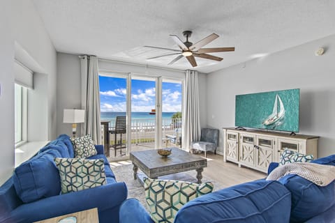 The Living space features a brand new sectional (w/ Queen Sleeper Sofa) with room for the whole family, situated around a 65" Smart TV + GULF VIEWS!
