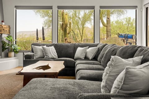 Bringing the outside in with huge open windows in the living room and the den. All with touch of a button open/close shades.