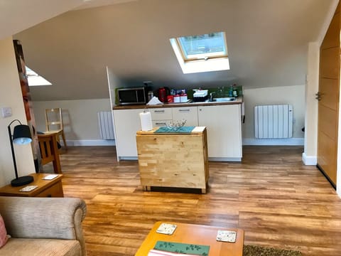 Open plane kitchenette, with combi microwave & digital hot plate in cupboard.