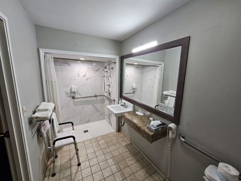 Combined shower/tub, free toiletries, hair dryer, towels