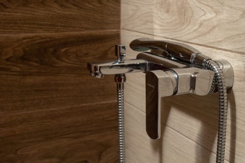 Rainfall showerhead, hair dryer, towels, soap