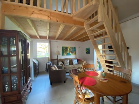 open plan, self catering gite, full kitchen, diner, living, & mezzanine bedroom 