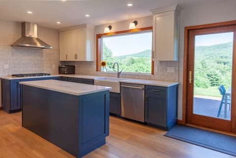 Newly renovated kitchen with lake and mountain views