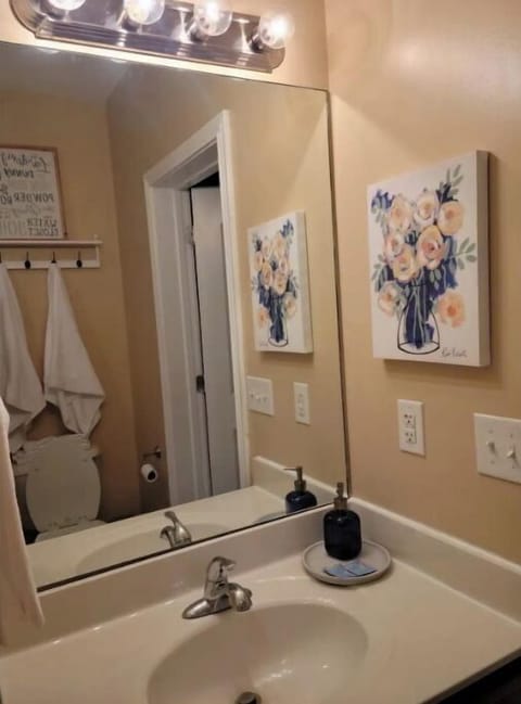 Comfortable bathroom with shower, tub, toilet and towel sets for each visitor.