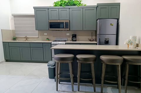 Deluxe Apartment | Private kitchen | Full-size fridge, microwave, oven, cookware/dishes/utensils