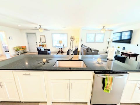 Large kitchen bar with dishwasher overlooking the living space.