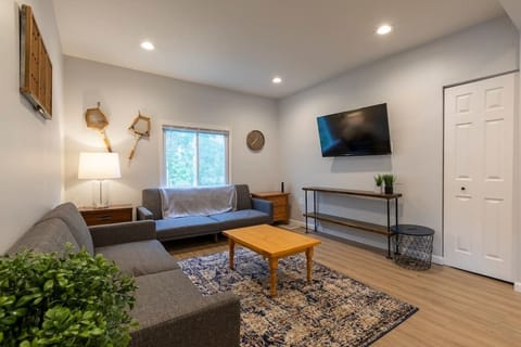 Check out this living room! High ceilings, tons of light and plenty of accents to make you feel at home. Both couches fold down into 1 person sleepers