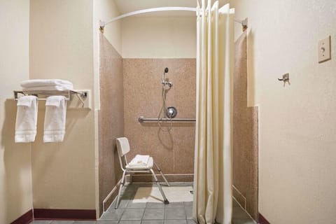 Combined shower/tub, free toiletries, hair dryer, towels