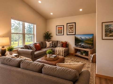 The living room is built for downtime: a roomy sofa, a large TV for movie nights, and a sleeper sofa that sleeps two more guests.