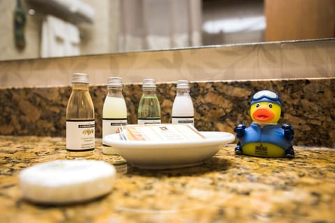 Combined shower/tub, free toiletries, hair dryer, towels