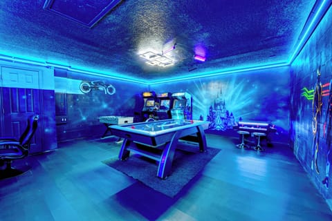 Game Room with Xbox, air hockey, foosball, new Tron game + 3 more arcade games