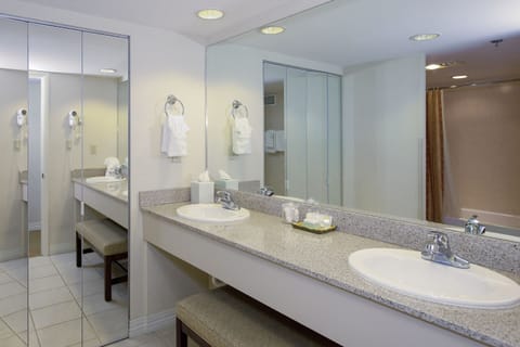 Combined shower/tub, free toiletries, hair dryer, towels