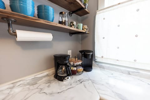 Drip coffee available.  Cameron's ground Jamaican is available  next to the mugs with a 2tbsp scooper to make the pot as strong as you'd like.  Creamer, sugar and stevia available too.