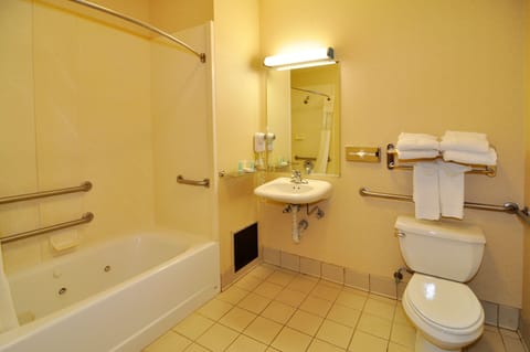 Hydromassage showerhead, free toiletries, hair dryer, towels