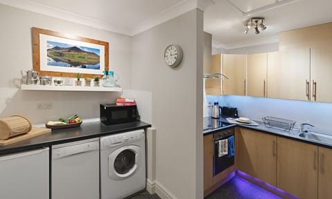 Fridge, dishwasher, cookware/dishes/utensils