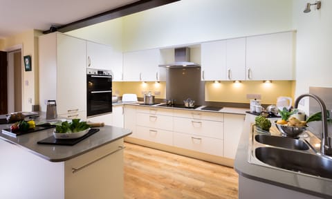 Fridge, dishwasher, cookware/dishes/utensils