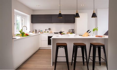 Fridge, dishwasher, cookware/dishes/utensils