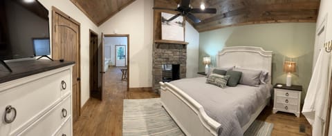 Bedroom with Fireplace, brand new king bed and brand new mattress with high thread count sheets