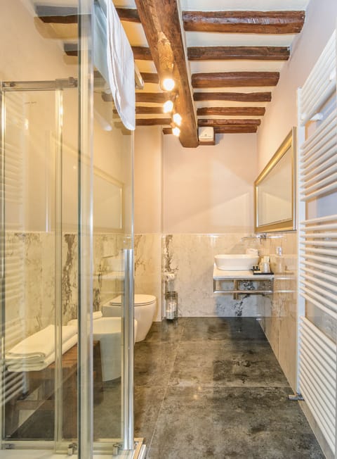 Shower, free toiletries, hair dryer, towels