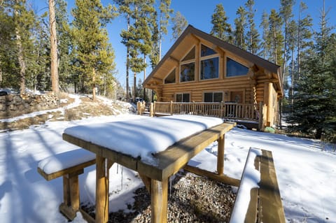 - Snow covered picnic table outside log cabin retreat   - Surrounded by tall pine trees with mountain air   - Perfect outdoor space for family and friends gatherings